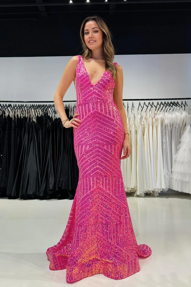 Mermaid V Neck Pink Sequins Long Prom Dresses